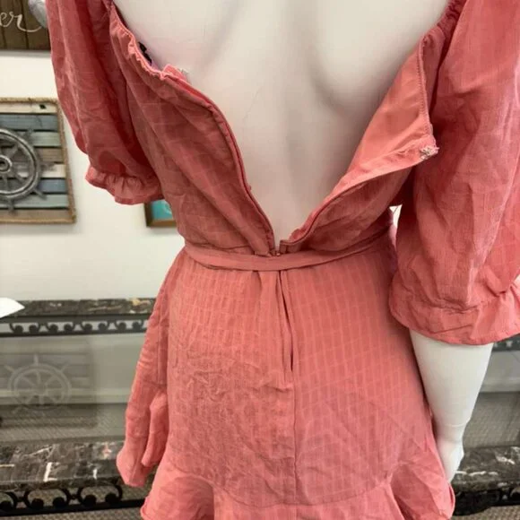 Pink Wrap Dress with Puff Sleeves & Layered Ruffle Hem – Feminine A‑Line Silhoue - Picture 7 of 7